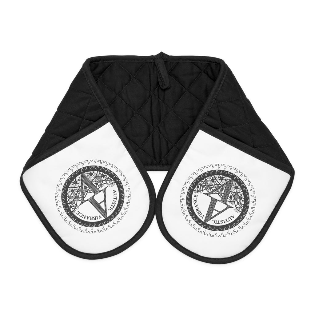 Black Double Oven Mitts with Circular Compass Medallion - Heat-Resistant Pot Holder Sleeve