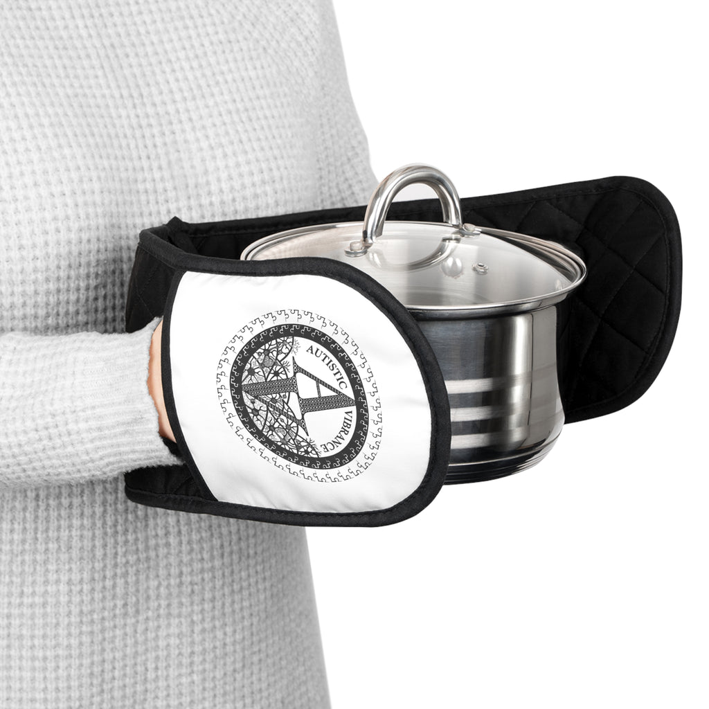 Black Double Oven Mitts with Circular Compass Medallion - Heat-Resistant Pot Holder Sleeve