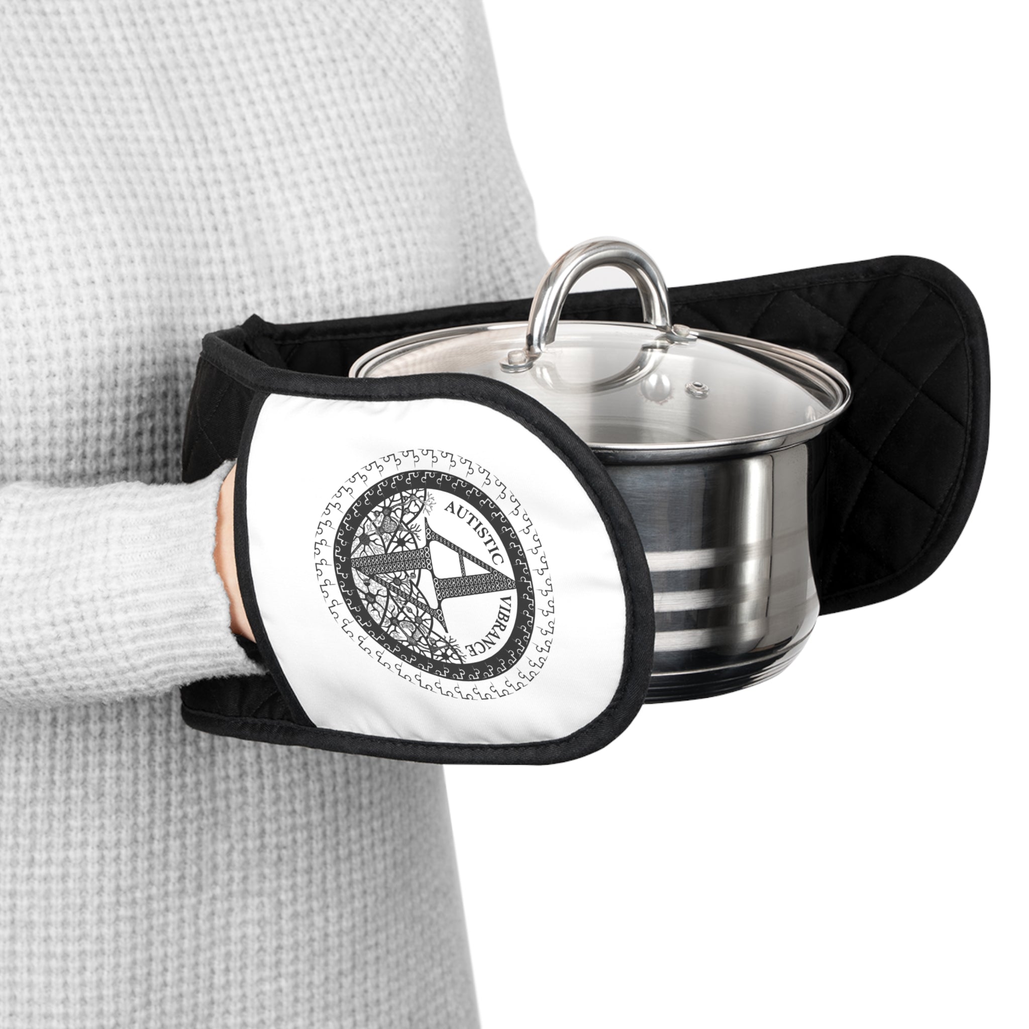 Black Double Oven Mitts with Circular Compass Medallion - Heat-Resistant Pot Holder Sleeve
